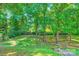 Lush backyard with mature trees, a tire swing, and stairs leading down to a grassy area at 8909 Elkins Park Dr, Matthews, NC 28105