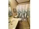 Cozy bathroom featuring a single sink vanity, standard toilet, and a shower with a themed curtain at 12623 Levins Hall Rd, Huntersville, NC 28078