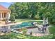 Beautiful backyard with a curved pool, brick patio, lounge chairs, and dining area, perfect for outdoor entertaining at 149 Vista Bluff Ln, Mooresville, NC 28117