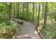 Wooded walking trail with a wooden boardwalk winding through a serene forest, perfect for outdoor enjoyment at 221 N Centurion Ln, Mount Holly, NC 28120