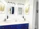 Stylish bathroom featuring double vessel sinks and quartz countertop with cobalt blue cabinetry at 3114 Luke Crossing Dr, Charlotte, NC 28226