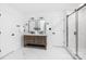 Stylish bathroom with a double vanity, modern fixtures, and a walk-in shower at 4808 Cobble Glen Way, Charlotte, NC 28269