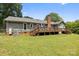 This backyard boasts a large deck with ample space for outdoor seating and lush green grass at 5006 Crooked Oak Ln, Charlotte, NC 28226