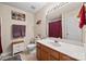 Bathroom with vanity sink, toilet, and a shower with a maroon curtain at 1668 Tate Rd, Rock Hill, SC 29732