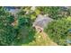 Aerial view of backyard with mature trees and a cozy single-Gathering house featuring a brick exterior and a well-maintained yard at 6616 Woodlawn Ln, Indian Trail, NC 28079