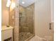 Bathroom featuring a tiled shower with glass doors and sleek fixtures at 1047 Honeybee Trl, Fort Mill, SC 29715