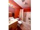 Bathroom with a floral-patterned shower curtain, a white sink, and ample lighting at 7333 Rosehall Dr, Charlotte, NC 28227