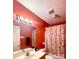 Bathroom with a floral-patterned shower curtain, a white sink, and ample lighting at 7333 Rosehall Dr, Charlotte, NC 28227