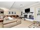 Finished basement featuring a brick fireplace and comfortable seating at 8500 Peyton Randolph Dr, Charlotte, NC 28277