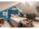 Cozy bedroom with blue accent wall, plush bed, and sloped ceilings, offering a tranquil retreat at 106 Guffey Rd, Cherryville, NC 28021