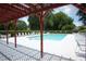 Community swimming pool has a pergola, lounge chairs and mature trees for shade at 12520 Vantage Point Ln, Huntersville, NC 28078