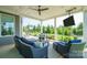 Inviting covered patio with comfortable seating, a ceiling fan, TV and a view of the beautifully landscaped backyard at 19012 Beecher Commons Dr, Huntersville, NC 28078