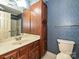 Traditional bathroom featuring dark wood cabinets, blue wallpaper and shower at 2912 Peachwood Ct, Fort Mill, SC 29715