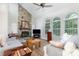 Bright living room with stone fireplace, vaulted ceiling, fan and large windows at 2949 Glenstone Dr, Rock Hill, SC 29730