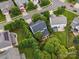 Aerial view of the property showcasing its well-maintained backyard, landscaping, and neighborhood setting at 13930 Daltrey Ln, Charlotte, NC 28277
