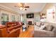 Cozy living room with hardwood floors, comfortable couches, fireplace, and windows with natural light at 2635 Mahogany Ln, Hickory, NC 28602