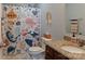 Kid-friendly bathroom featuring colorful shower curtain and granite countertop at 864 Pointe Andrews Dr, Concord, NC 28025