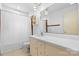 Clean bathroom with a white vanity, large mirror and shower curtain at 109 Joe Teague Rd, Hickory, NC 28601