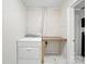 Compact laundry area with functional countertop, in a basement with painted white brick at 116 Honeywood Ave, Charlotte, NC 28216