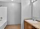 This bathroom features a shower/tub combo and single-sink vanity at 2611 Dallas Stanley Hwy, Stanley, NC 28164
