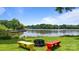 Scenic lakeside view with colorful benches and a fire pit, perfect for enjoying the outdoors at 330 Waters Rd, Salisbury, NC 28146