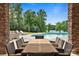 Inviting pool area featuring a large outdoor dining table and lounge seating, perfect for entertaining by the lake at 330 Waters Rd, Salisbury, NC 28146