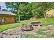 A cozy backyard brick home featuring a charming fire pit surrounded by lush greenery and log benches at 7753 Caswell Rd, Stanley, NC 28164
