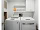 Modern laundry room with white washer and dryer units, ample shelving, and efficient layout at 222 Laramie Dr, Stanley, NC 28164