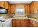 Close up of kitchen with wooden cabinets, white appliances, and double basin sink at 5126 Unaka Ave, Charlotte, NC 28205