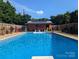 Backyard featuring a sparkling blue pool with a poolhouse, complemented by potted plants and greenery at 3080 Shue Rd, Salisbury, NC 28147