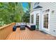 Deck with cushioned seating and wooden railing with a view of trees at 5015 Foxbriar Trl, Charlotte, NC 28269