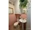 Small bathroom with pedestal sink, pink tile, and decorative accents at 506 Hearne Farm Rd, Mount Gilead, NC 27306