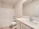 Clean bathroom featuring a shower-tub combination, vanity with countertop, and modern fixtures at 143 Astor St, Troutman, NC 28166