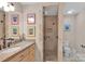 Bathroom with a glass-enclosed shower, sink vanity, and colorful artwork at 4552 Sawgrass Ct, Denver, NC 28037
