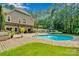 Beautiful backyard featuring a private in-ground pool, brick patio, and lush landscaping at 4552 Sawgrass Ct, Denver, NC 28037