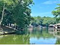 Picturesque lake view surrounded by lush greenery and calm waters with a glimpse of boat docks at 416 Plantation Way, Mount Gilead, NC 27306