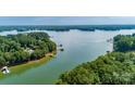 Panoramic aerial view showcasing the lake and surrounding lush greenery at 2518 Wellesbourne Ln, Sherrills Ford, NC 28673