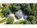 Aerial view of a secluded home with a private pool, lush landscaping, mature trees, and a long winding driveway at 5300 Green Rea Rd, Charlotte, NC 28226