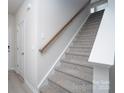 Carpeted staircase with wooden handrail, white walls, and natural light at 1007 Freeman View Dr, Albemarle, NC 28001