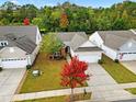 Aerial view of a well-maintained home with a green lawn and mature trees in a residential neighborhood at 20195 Dovekie Ln, Fort Mill, SC 29707