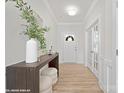 Bright entryway with wood floors, a console table, decorative mirror, and French doors at 48 Sherwood Nw Ct # Sw48, Concord, NC 28027