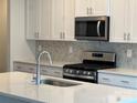 Close-up of stainless steel oven and marble backsplash in the kitchen at 148 Shepherds Landing Dr, Mooresville, NC 28115