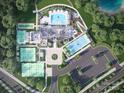 Stunning aerial view of community amenities, including a pool, tennis courts, clubhouse, and parking at 3034 Finchborough Ct # 233, Charlotte, NC 28269