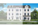 A split view of a modern townhome exterior elevation rendering with a combination brick and siding facade at 5019 Layman Dr # 26, Charlotte, NC 28226