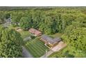 Expansive aerial view showing the home's setting among mature trees at 216 Delview Dr, Cherryville, NC 28021