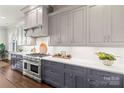 Modern kitchen with gray cabinets, stainless steel appliances, and quartz countertops at 1117 Churchill Commons Dr, Charlotte, NC 28211