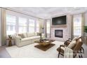 Bright living room with coffered ceiling, fireplace with stone surround, and large windows at 1374 Cedardale Ln # 33, Denver, NC 28037