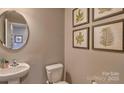 Small half bathroom with pedestal sink and framed botanical prints at 3686 Charles Nw St, Conover, NC 28613