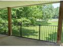 Covered balcony showcasing a black metal railing and a lovely outdoor view of the green lawn and trees at 1985 Lancer Ct, Gastonia, NC 28054