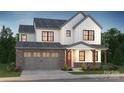 Two-story farmhouse with gray garage door, stone accents, and landscaping at 15004 Brownleigh Ln, Huntersville, NC 28078